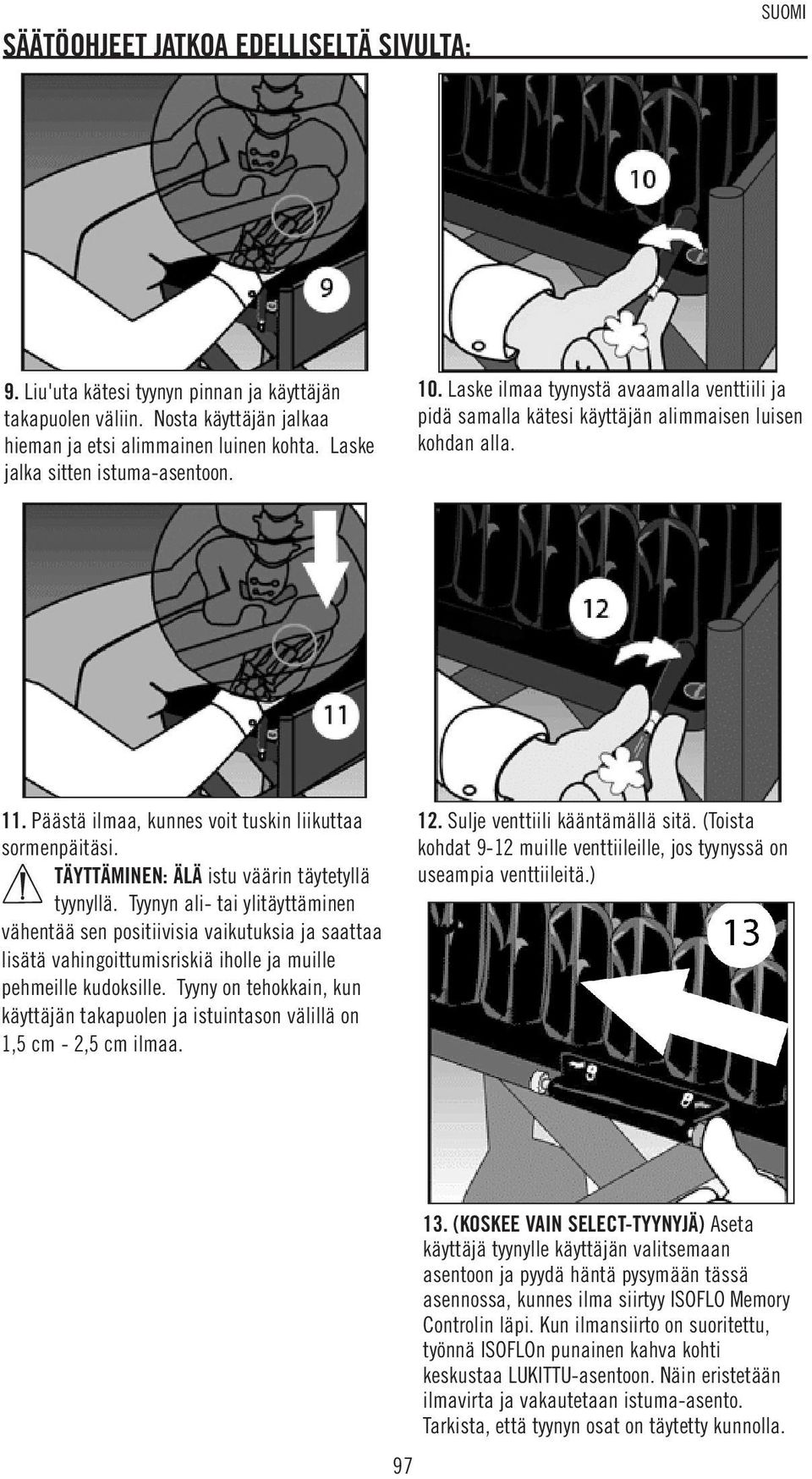 Päästä ilmaa, kunnes voit tuskin liikuttaa sormenpäitäsi. TÄYTTÄMINEN: ÄLÄ istu väärin täytetyllä tyynyllä.