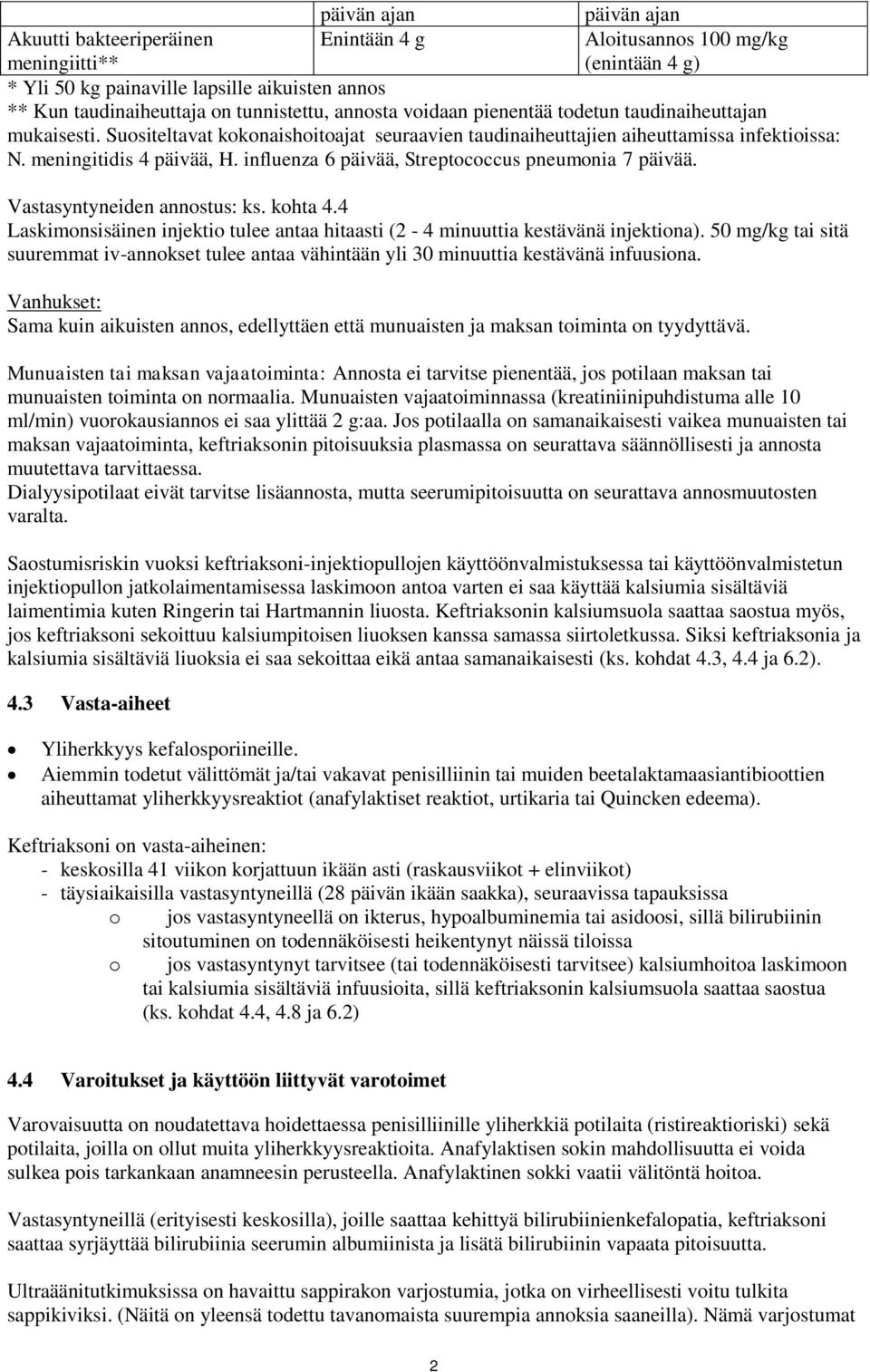 influenza 6 päivää, Streptococcus pneumonia 7 päivää. Vastasyntyneiden annostus: ks. kohta 4.4 Laskimonsisäinen injektio tulee antaa hitaasti (2-4 minuuttia kestävänä injektiona).