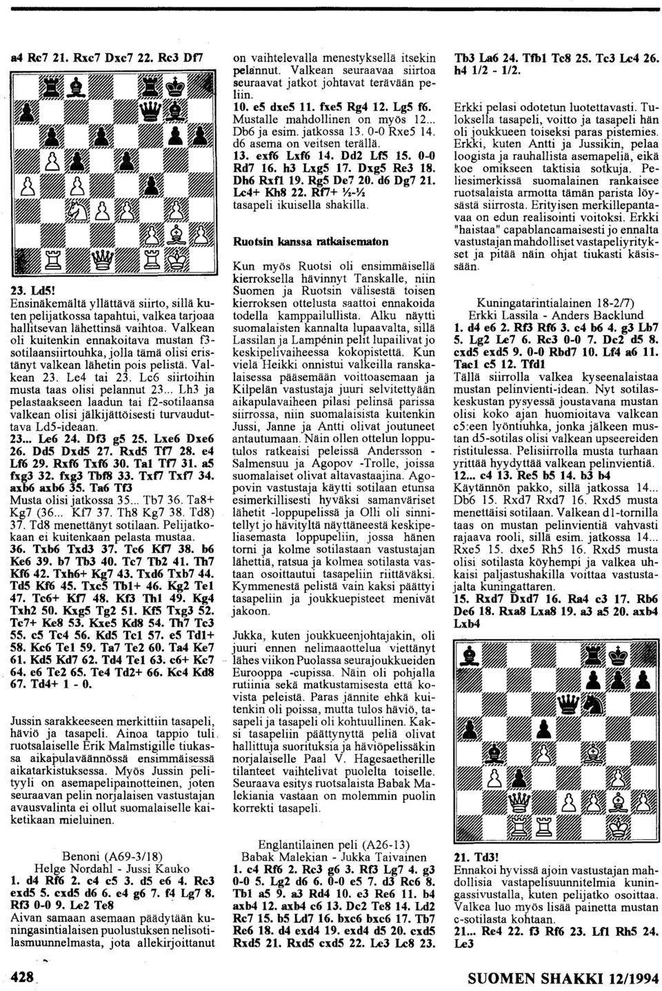 .. Lh3 ja pelastaakseen laadun tai f2-sotilaansa valkean olisi jälkijättöisesti turvauduttava LdS-ideaan. 23... Le6 24. DfJ g5 25. Lxe6 Dxe6 26. Dd5 Dxd5 27. Rxd5 Tt7 28. e4 Lf6 29. Rxf6 Txf6 30.