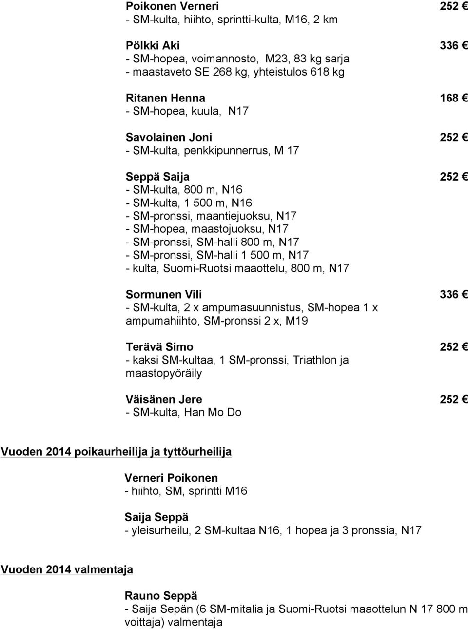 m, N17 - SM-pronssi, SM-halli 1 500 m, N17 - kulta, Suomi-Ruotsi maaottelu, 800 m, N17 Sormunen Vili - SM-kulta, 2 x ampumasuunnistus, SM-hopea 1 x ampumahiihto, SM-pronssi 2 x, M19 Terävä Simo -
