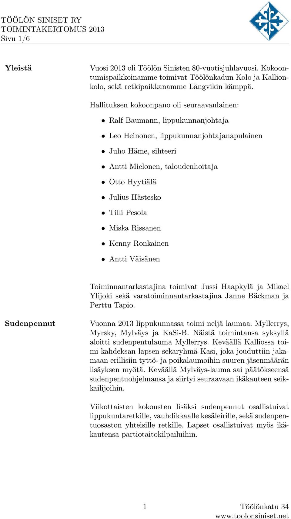 Hästesko Tilli Pesola Miska Rissanen Kenny Ronkainen Antti Väisänen Toiminnantarkastajina toimivat Jussi Haapkylä ja Mikael Ylijoki sekä varatoiminnantarkastajina Janne Bäckman ja Perttu Tapio.