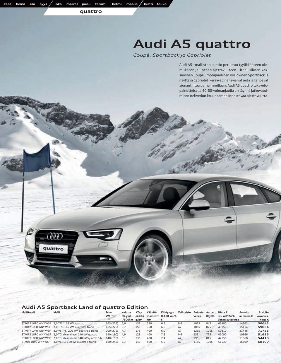 Audi A5 quattro takavetopainotteisella 40:60-voimanjaolla on täynnä jatkuvatoimisen nelivedon kruunaamaa innostavaa ajettavuutta.