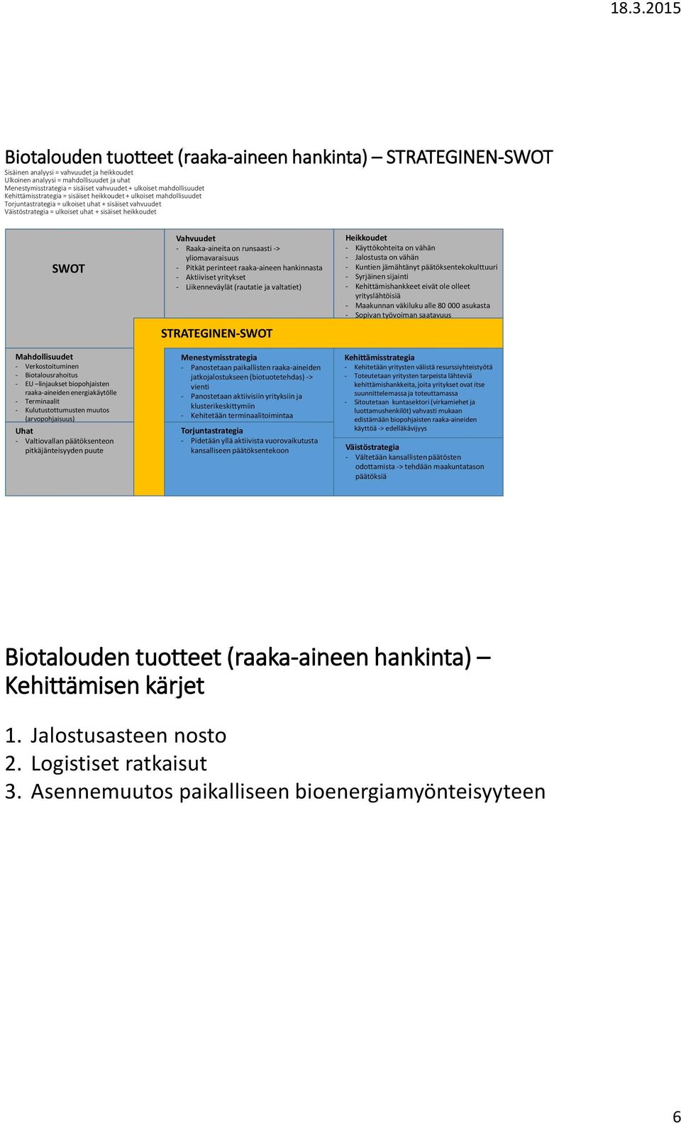 heikkoudet SWOT Mahdollisuudet - Verkostoituminen - Biotalousrahoitus - EU linjaukset biopohjaisten raaka-aineiden energiakäytölle - Terminaalit - Kulutustottumusten muutos (arvopohjaisuus) Uhat -