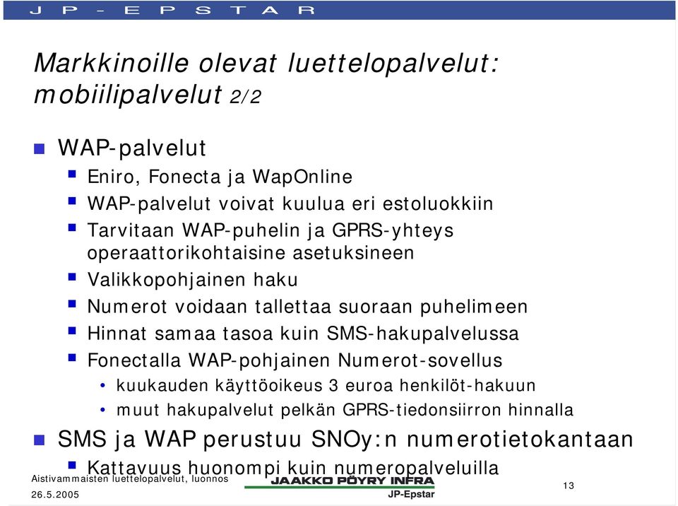 suoraan puhelimeen Hinnat samaa tasoa kuin SMS-hakupalvelussa Fonectalla WAP-pohjainen Numerot-sovellus kuukauden käyttöoikeus 3 euroa