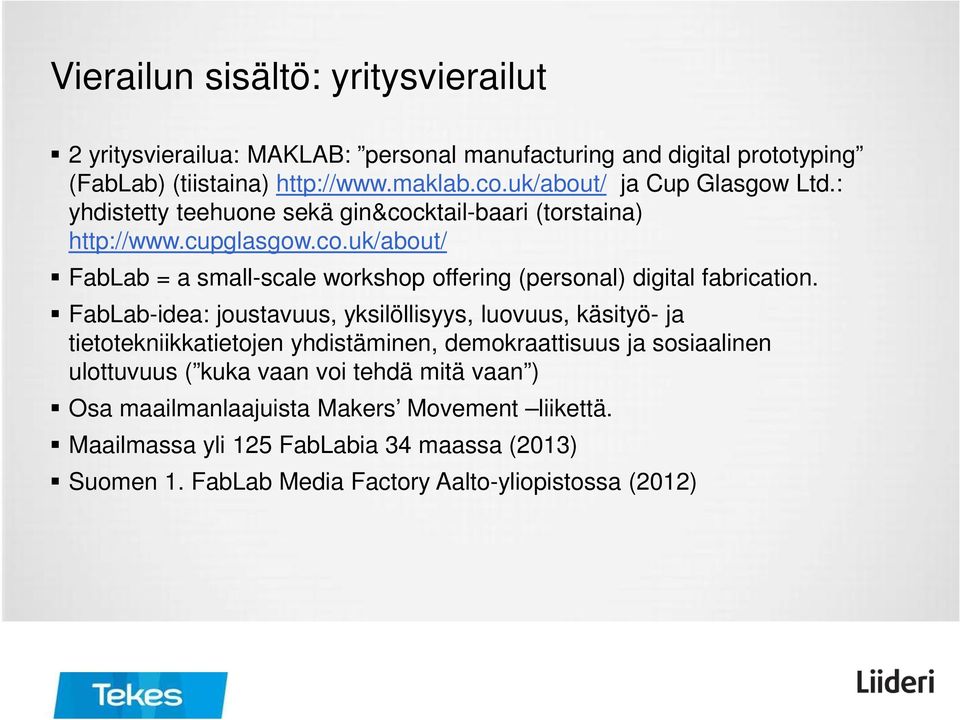 FabLab-idea: joustavuus, yksilöllisyys, luovuus, käsityö- ja tietotekniikkatietojen yhdistäminen, demokraattisuus ja sosiaalinen ulottuvuus ( kuka vaan voi tehdä mitä