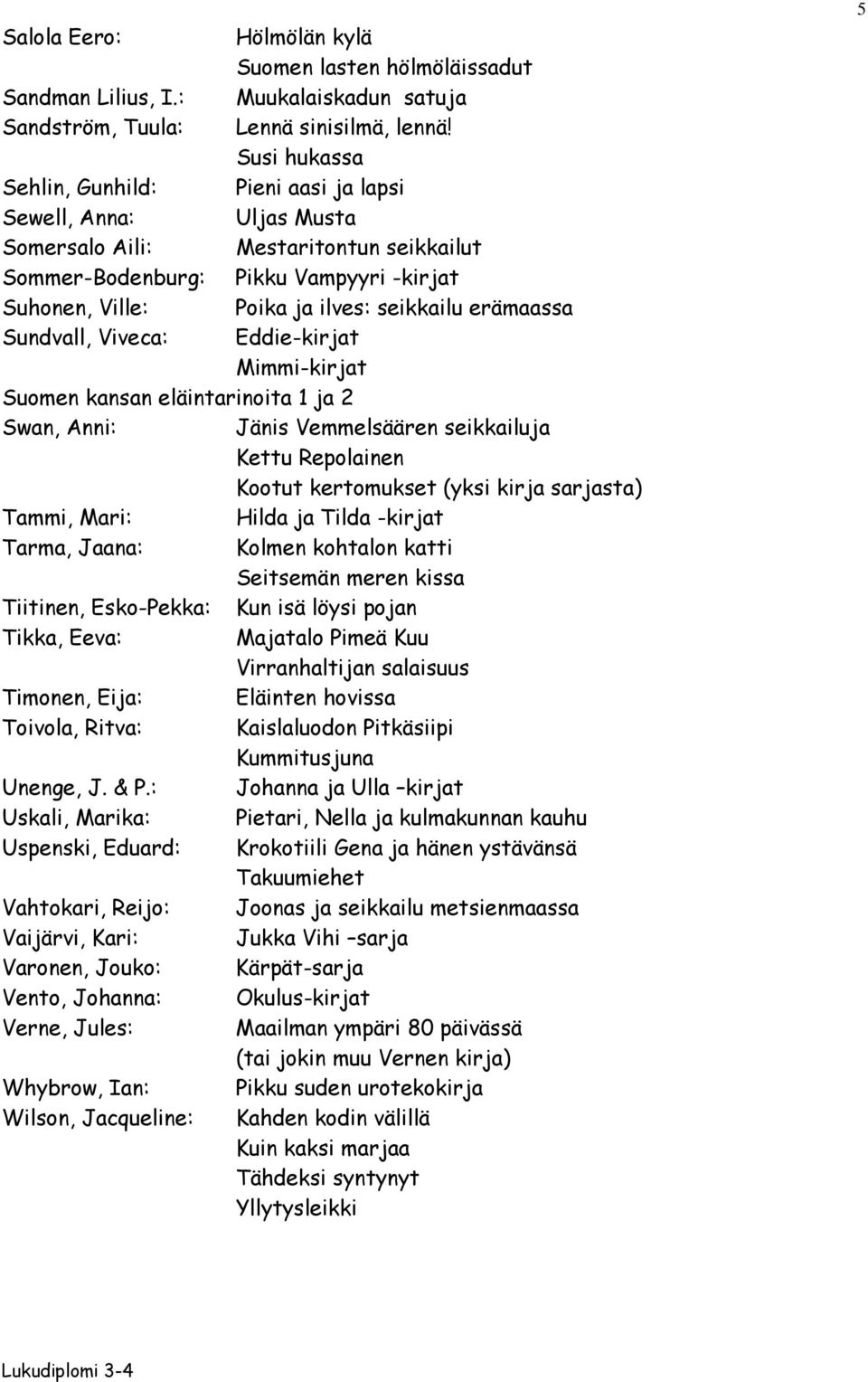 erämaassa Sundvall, Viveca: Eddie-kirjat Mimmi-kirjat Suomen kansan eläintarinoita 1 ja 2 Swan, Anni: Jänis Vemmelsäären seikkailuja Kettu Repolainen Kootut kertomukset (yksi kirja sarjasta) Tammi,
