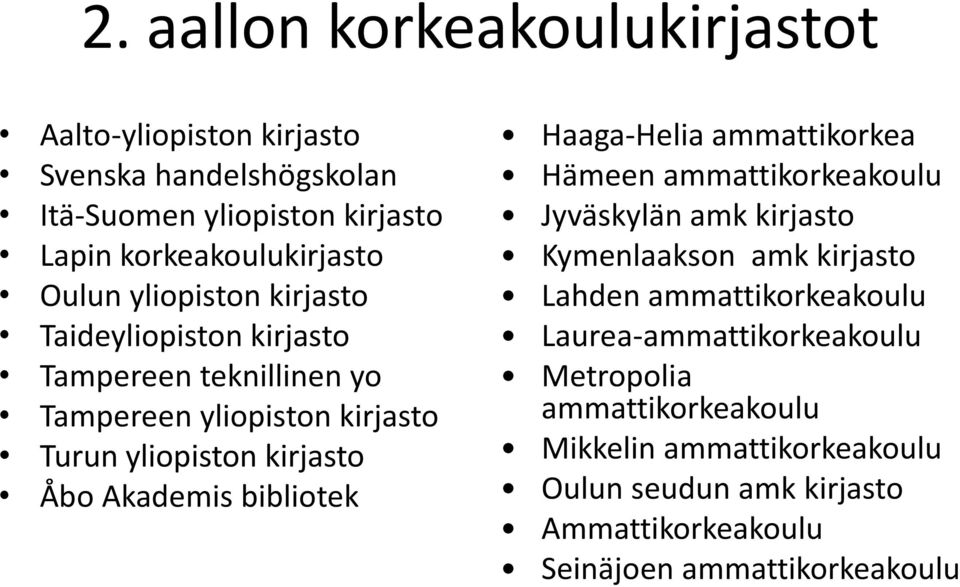 bibliotek Haaga-Helia ammattikorkea Hämeen ammattikorkeakoulu Jyväskylän amk kirjasto Kymenlaakson amk kirjasto Lahden ammattikorkeakoulu