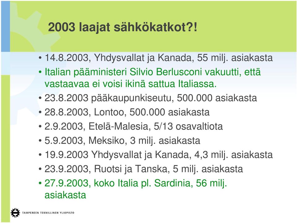 2003 pääkaupunkiseutu, 500.000 asiakasta 28.8.2003, Lontoo, 500.000 asiakasta 2.9.2003, Etelä-Malesia, 5/13 osavaltiota 5.9.2003, Meksiko, 3 milj.