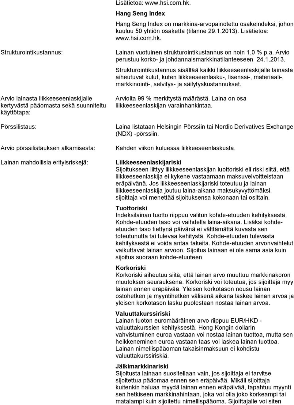 Strukturontkustannus: Arvo lanasta lkkeeseenlaskjalle kertyvästä pääomasta sekä suunnteltu käyttötapa: Pörsslstaus: Arvo pörsslstauksen alkamsesta: Lanan mahdollsa ertysrskejä: Lanan vuotunen