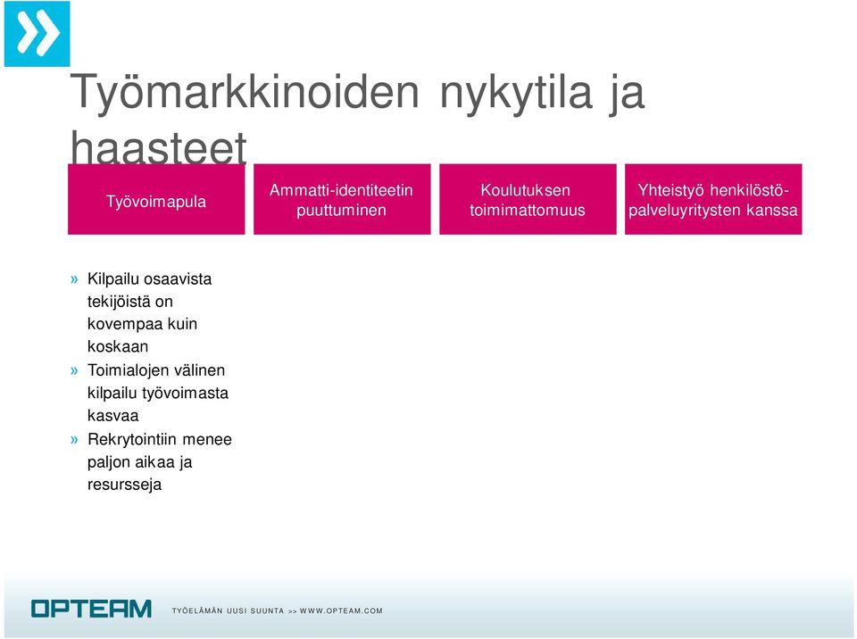 ei panosteta pitkäjänteisesti Henkilöstön vaihtuvuus runsasta Osaamisen kehittäminen irrallaan muun liiketoiminnan resursseista Jatkuva uuden henkilöstön kouluttaminen vie resursseja