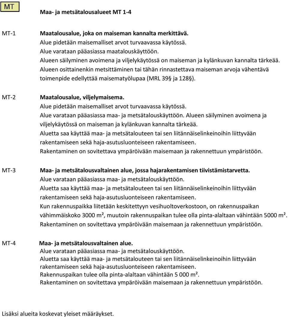 Alueen osittainenkin metsittäminen tai tähän rinnastettava maiseman arvoja vähentävä toimenpide edellyttää maisematyölupaa (MRL 39 ja 128 ). MT-2 Maatalousalue, viljelymaisema.