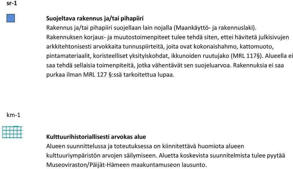 koristeelliset yksityiskohdat, ikkunoiden ruutujako (MRL 117 ). Alueella ei saa tehdä sellaisia toimenpiteitä, jotka vähentävät sen suojeluarvoa.