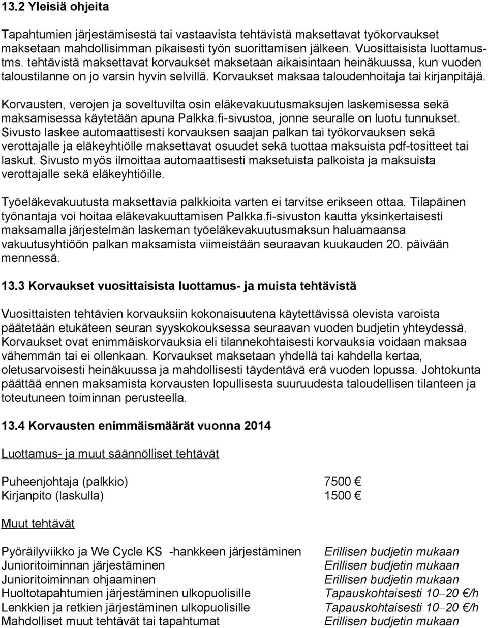 Korvausten, verojen ja soveltuvilta osin eläkevakuutusmaksujen laskemisessa sekä maksamisessa käytetään apuna Palkka.fi-sivustoa, jonne seuralle on luotu tunnukset.