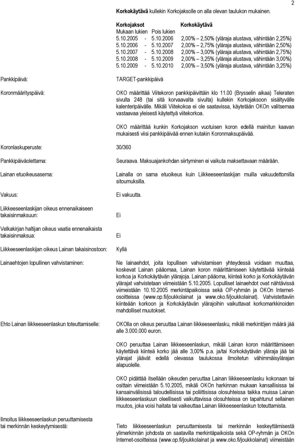 10.2010 2,00% 3,50% (yläraja alustava, vähintään 3,25%) Pankkipäivä: Koronmäärityspäivä: TARGET-pankkipäivä OKO määrittää Viitekoron pankkipäivittäin klo 11.