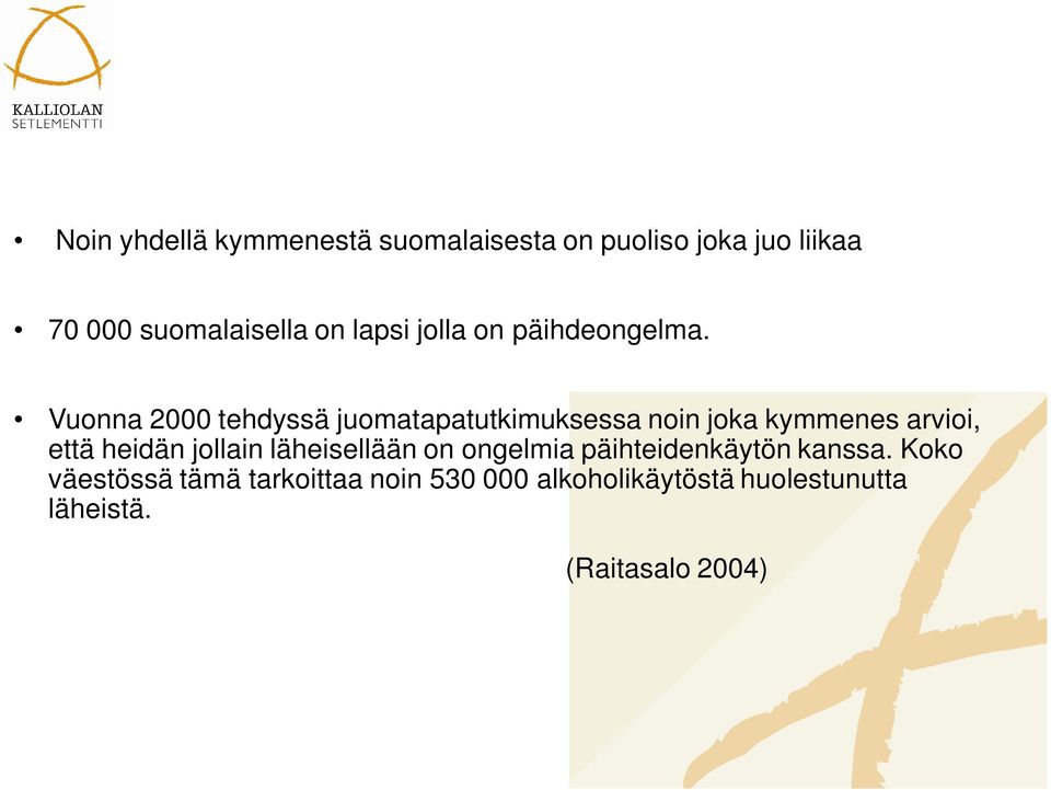 Vuonna 2000 tehdyssä juomatapatutkimuksessa noin joka kymmenes arvioi, että heidän jollain