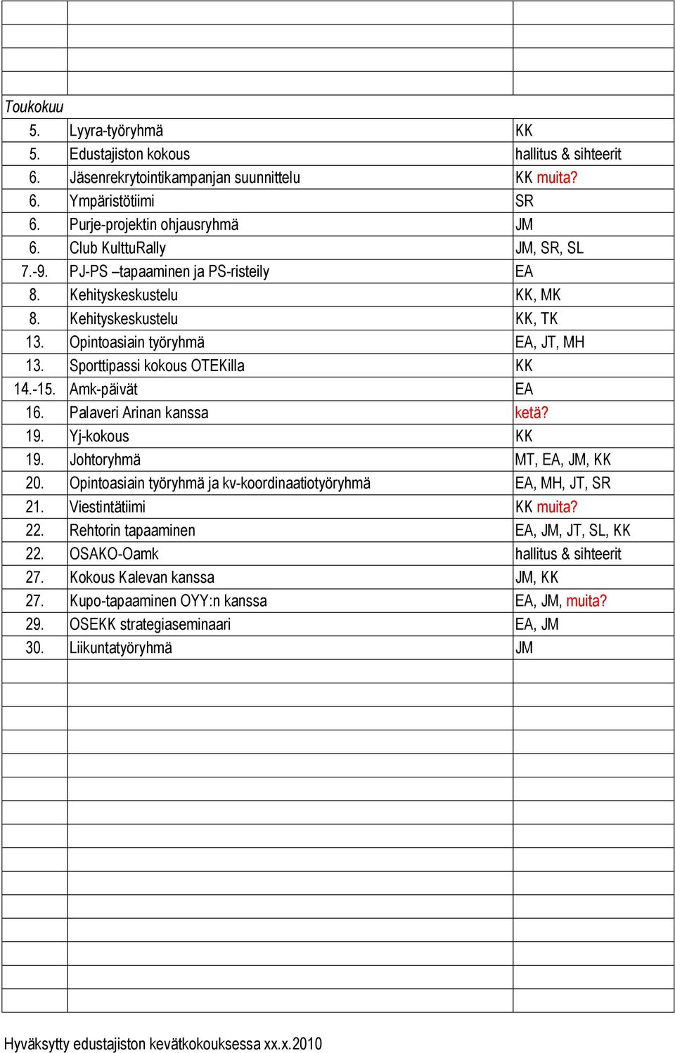 Sporttipassi kokous OTEKilla KK 14.-15. Amk-päivät EA 16. Palaveri Arinan kanssa ketä? 19. Yj-kokous KK 19. Johtoryhmä MT, EA, JM, KK 20.