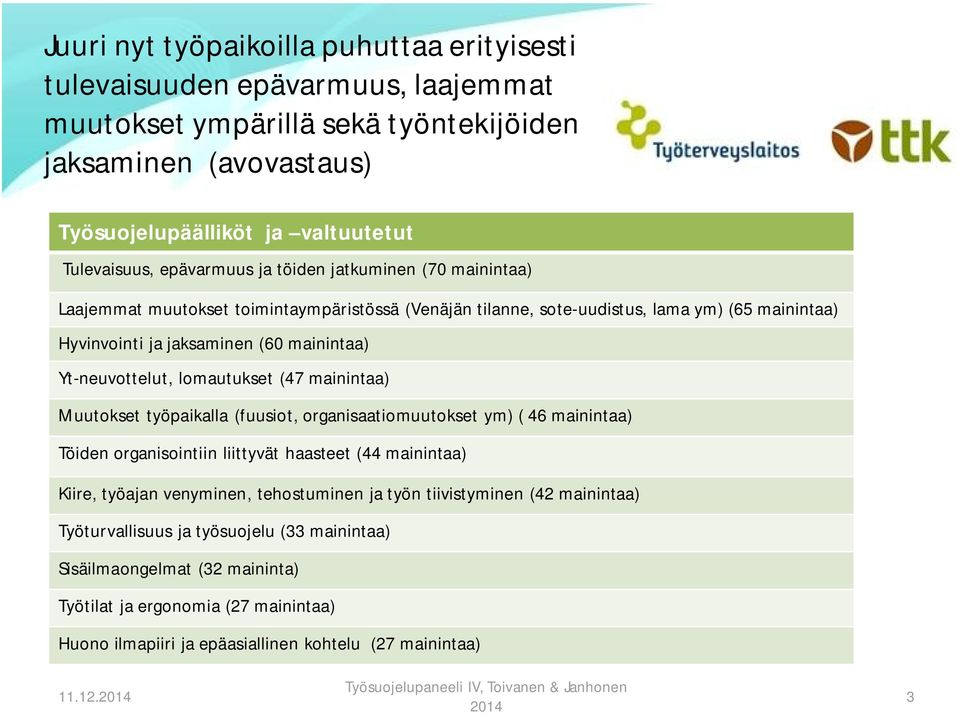 Yt-neuvottelut, lomautukset (47 mainintaa) Muutokset työpaikalla (fuusiot, organisaatiomuutokset ym) ( 46 mainintaa) Töiden organisointiin liittyvät haasteet (44 mainintaa) Kiire, työajan venyminen,