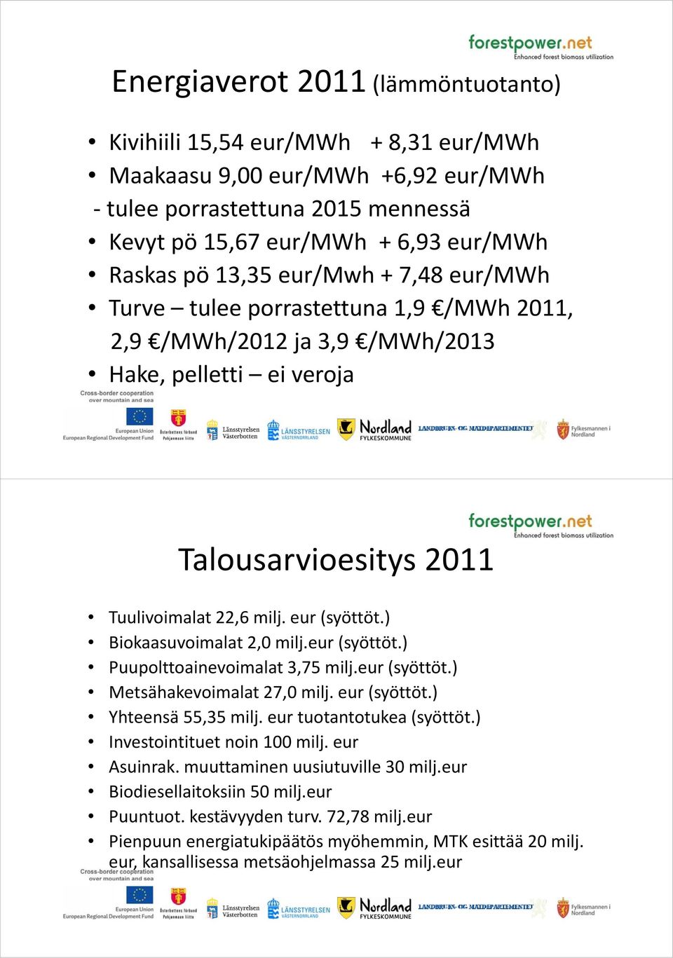 ) ö Biokaasuvoimalat 2,0 milj.eur (syöttöt.) Puupolttoainevoimalat 3,75 375milj.eur (syöttöt.) Metsähakevoimalat 27,0 milj. eur (syöttöt.) Yhteensä 55,35 35milj. eur tuotantotukea (syöttöt.