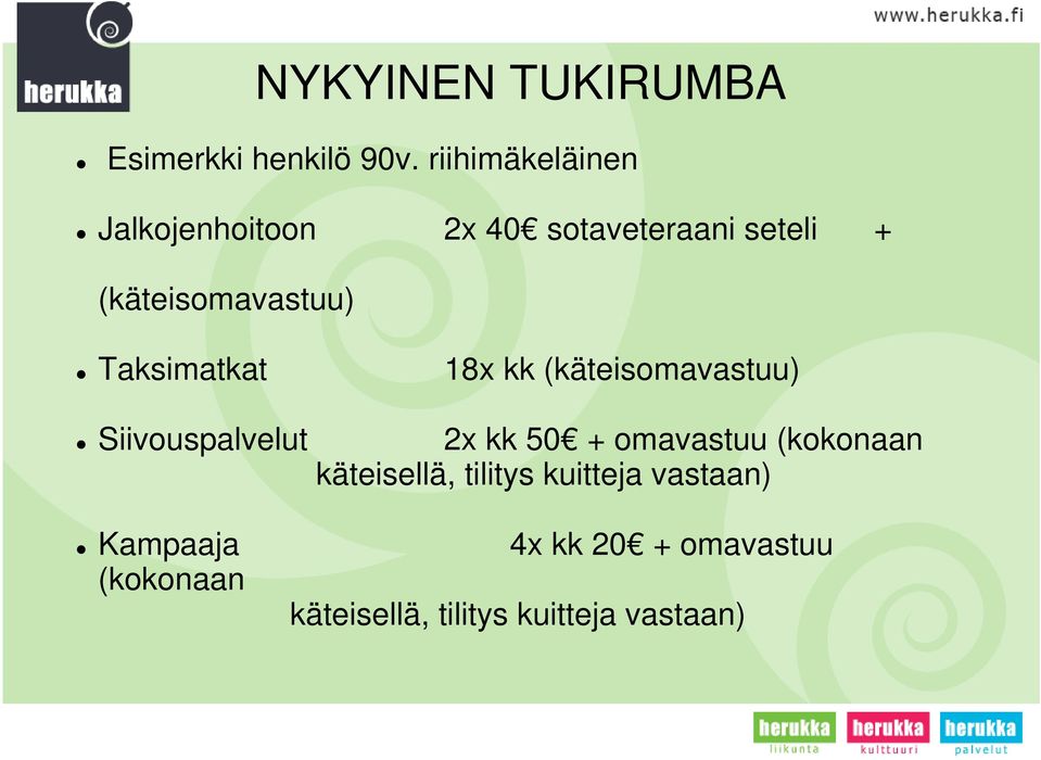 Taksimatkat 18x kk (käteisomavastuu) Siivouspalvelut 2x kk 50 + omavastuu