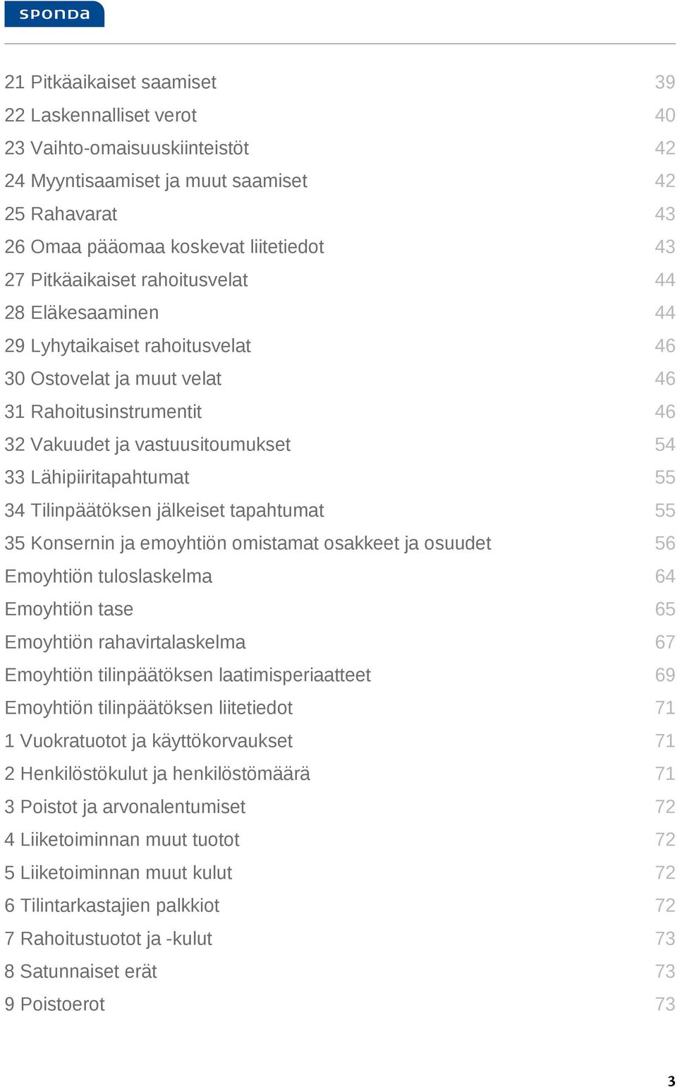 Tilinpäätöksen jälkeiset tapahtumat 55 35 Konsernin ja emoyhtiön omistamat osakkeet ja osuudet 56 Emoyhtiön tuloslaskelma 64 Emoyhtiön tase 65 Emoyhtiön rahavirtalaskelma 67 Emoyhtiön tilinpäätöksen