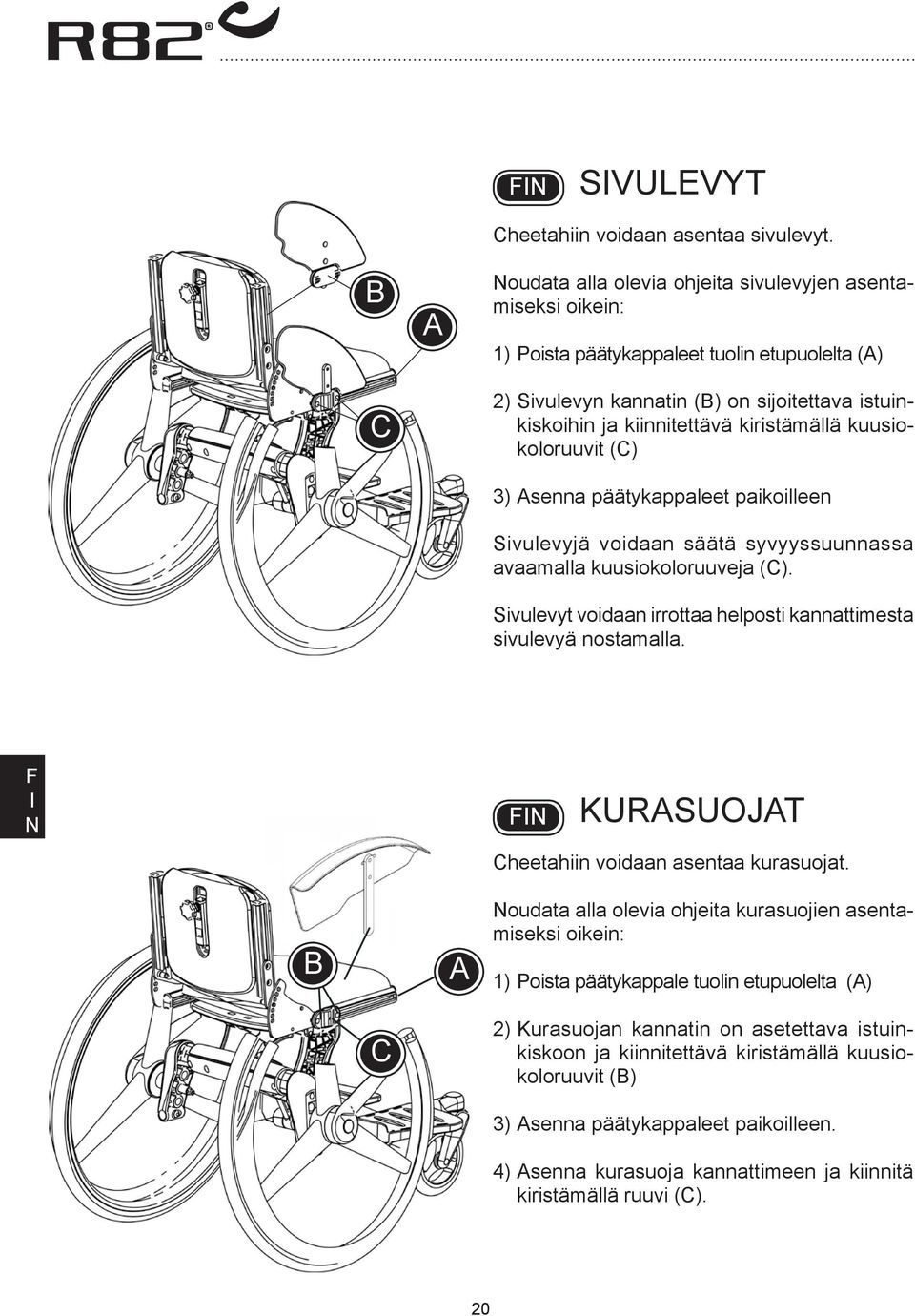 kuusiokoloruuvit (C) 3) senna päätykappaleet paikoilleen Sivulevyjä voidaan säätä syvyyssuunnassa avaamalla kuusiokoloruuveja (C).