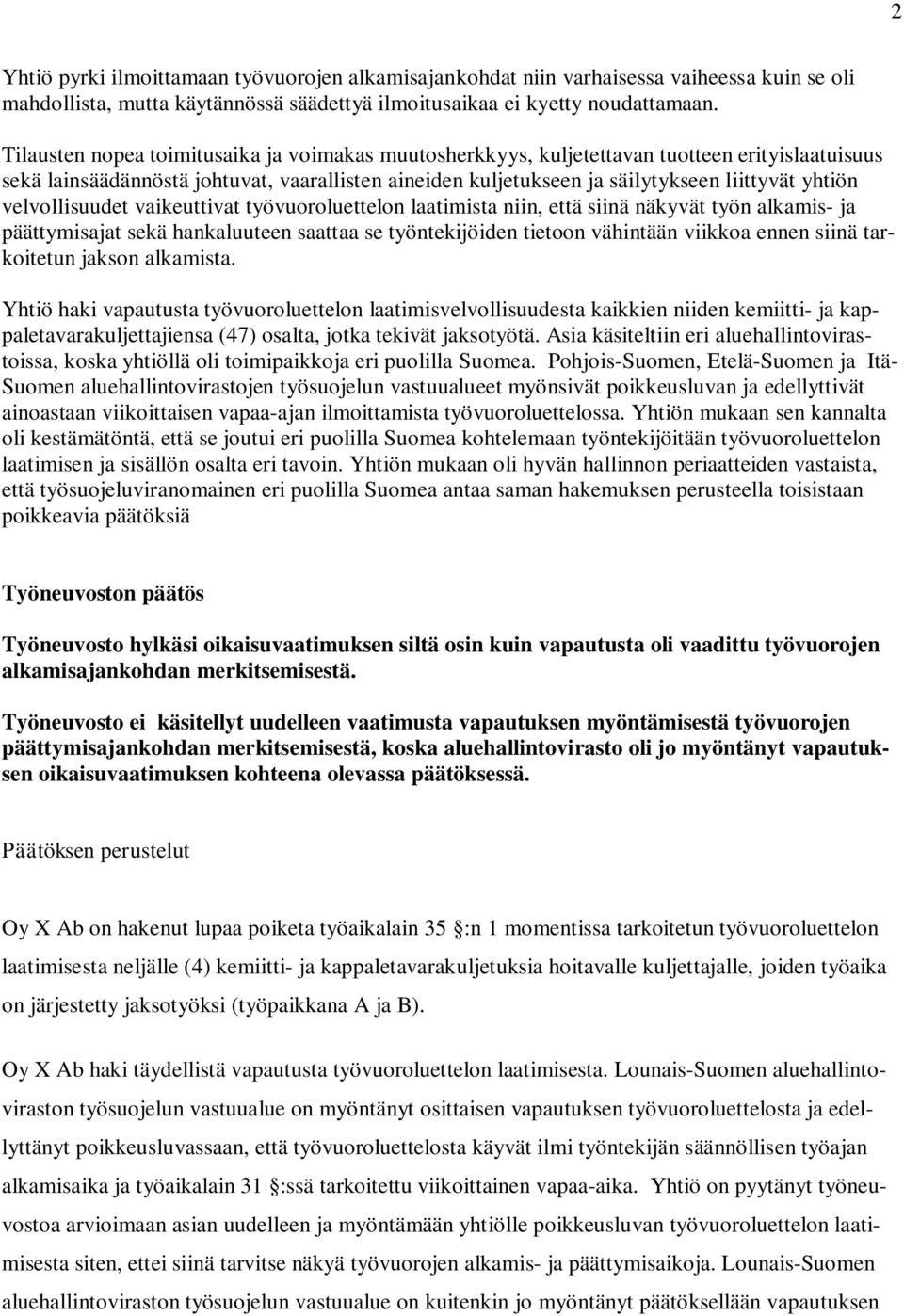 velvollisuudet vaikeuttivat työvuoroluettelon laatimista niin, että siinä näkyvät työn alkamis- ja päättymisajat sekä hankaluuteen saattaa se työntekijöiden tietoon vähintään viikkoa ennen siinä