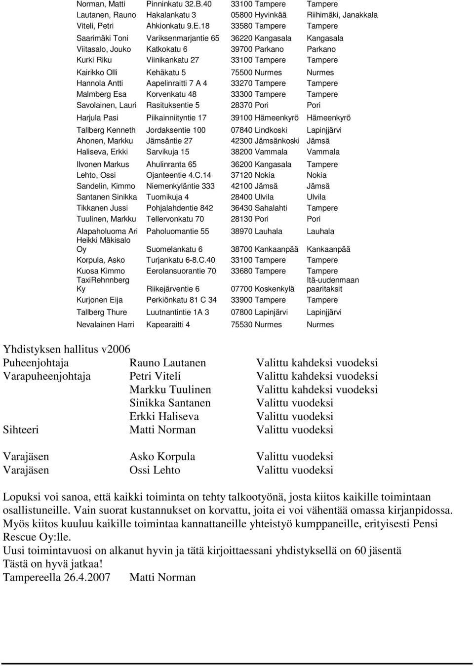Olli Kehäkatu 5 75500 Nurmes Nurmes Hannola Antti Aapelinraitti 7 A 4 33270 Tampere Tampere Malmberg Esa Korvenkatu 48 33300 Tampere Tampere Savolainen, Lauri Rasituksentie 5 28370 Pori Pori Harjula