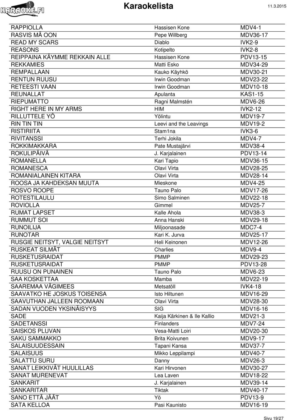 HIM IVK2-12 RILLUTTELE YÖ Yölintu MDV19-7 RIN TIN TIN Leevi and the Leavings MDV19-2 RISTIRIITA Stam1na IVK3-6 RIVITANSSI Terhi Jokila MDV4-7 ROKKIMAKKARA Pate Mustajärvi MDV38-4 ROKULIPÄIVÄ J.