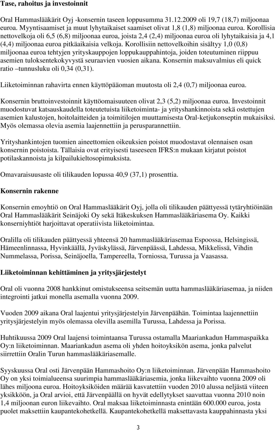 Korollisia nettovelkoja oli 6,5 (6,8) miljoonaa euroa, joista 2,4 (2,4) miljoonaa euroa oli lyhytaikaisia ja 4,1 (4,4) miljoonaa euroa pitkäaikaisia velkoja.