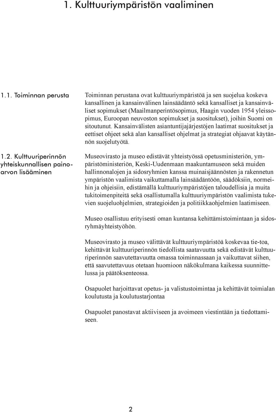 kansainväliset sopimukset (Maailmanperintösopimus, Haagin vuoden 1954 yleissopimus, Euroopan neuvoston sopimukset ja suositukset), joihin Suomi on sitoutunut.