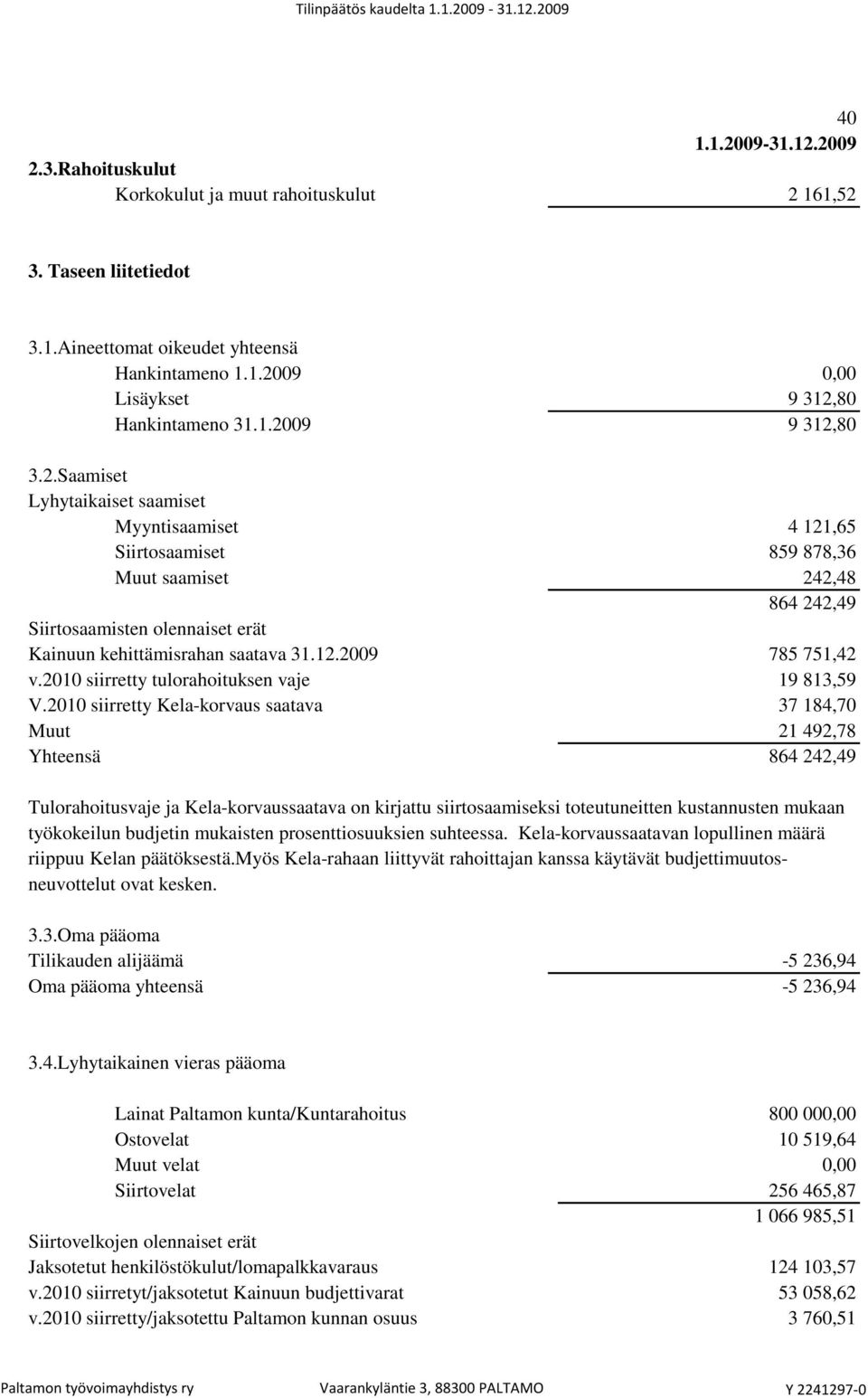 2010 siirretty tulorahoituksen vaje 19 813,59 V.