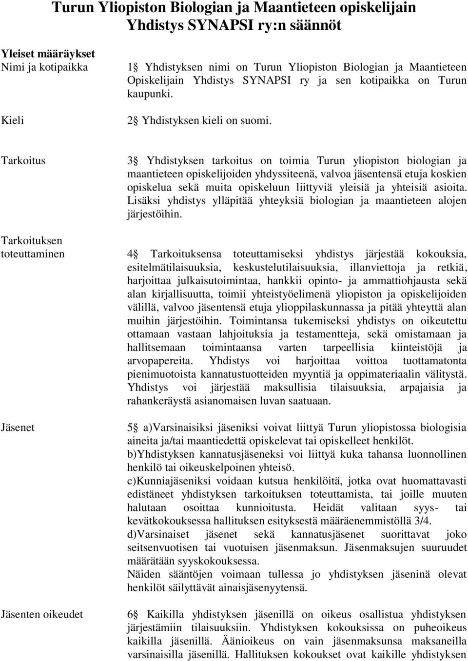 Tarkoitus 3 Yhdistyksen tarkoitus on toimia Turun yliopiston biologian ja maantieteen opiskelijoiden yhdyssiteenä, valvoa jäsentensä etuja koskien opiskelua sekä muita opiskeluun liittyviä yleisiä ja