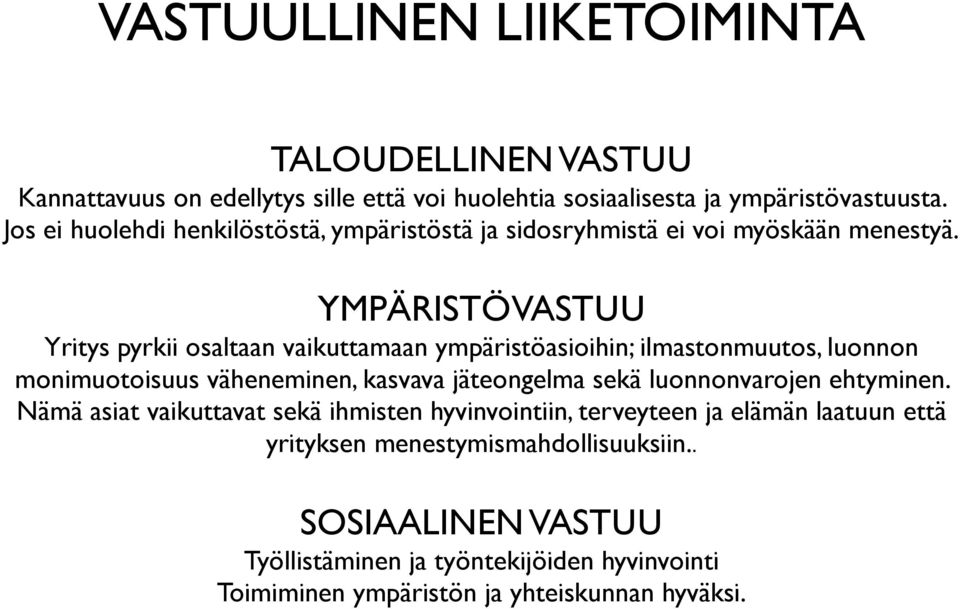 YMPÄRISTÖVASTUU Yritys pyrkii osaltaan vaikuttamaan ympäristöasioihin; ilmastonmuutos, luonnon monimuotoisuus väheneminen, kasvava jäteongelma sekä