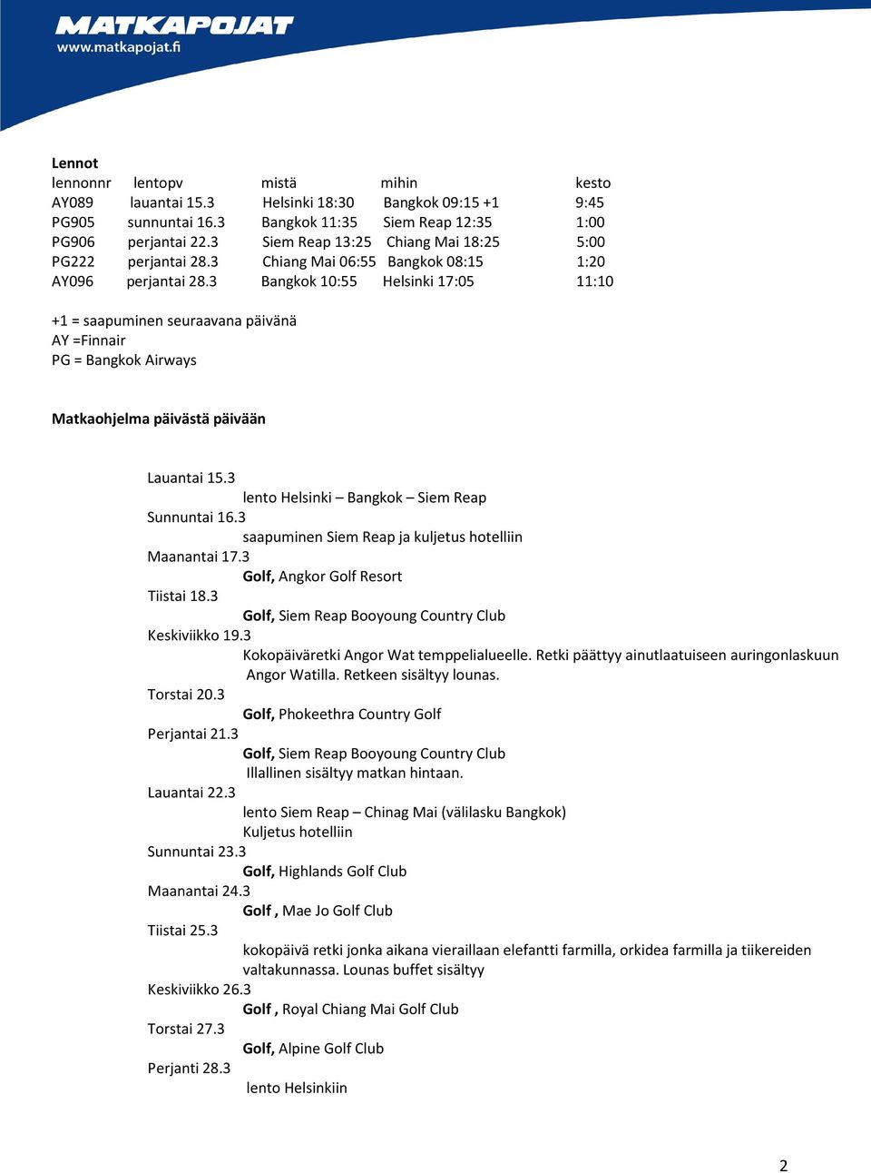 3 Bangkok 10:55 Helsinki 17:05 11:10 +1 = saapuminen seuraavana päivänä AY =Finnair PG = Bangkok Airways Matkaohjelma päivästä päivään Lauantai 15.3 lento Helsinki Bangkok Siem Reap Sunnuntai 16.