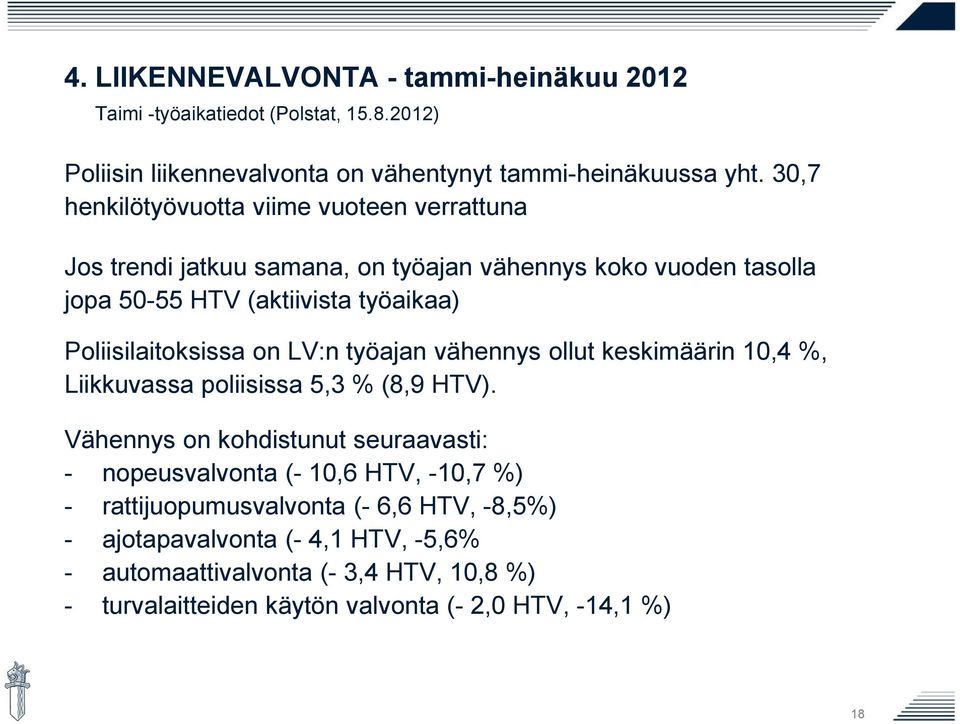 Poliisilaitoksissa on LV:n työajan vähennys ollut keskimäärin 10,4 %, Liikkuvassa poliisissa 5,3 % (8,9 HTV).