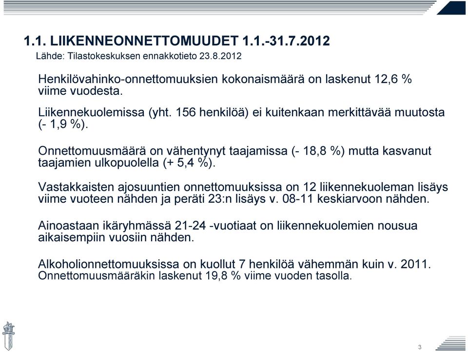 Onnettomuusmäärä on vähentynyt taajamissa (- 18,8 %) mutta kasvanut taajamien ulkopuolella (+ 5,4 %).