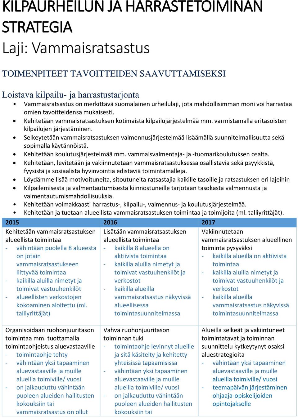 Selkeytetään vammaisratsastuksen valmennusjärjestelmää lisäämällä suunnitelmallisuutta sekä sopimalla käytännöistä. Kehitetään koulutusjärjestelmää mm.