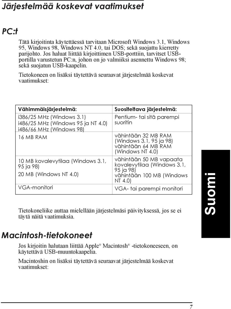 Tietokoneen on lisšksi tšytettšvš seuraavat jšrjestelmšš koskevat vaatimukset: VŠhimmŠisjŠrjestelmŠ: i386/25 MHz (Windows 3.1) i486/25 MHz (Windows 95 ja NT 4.
