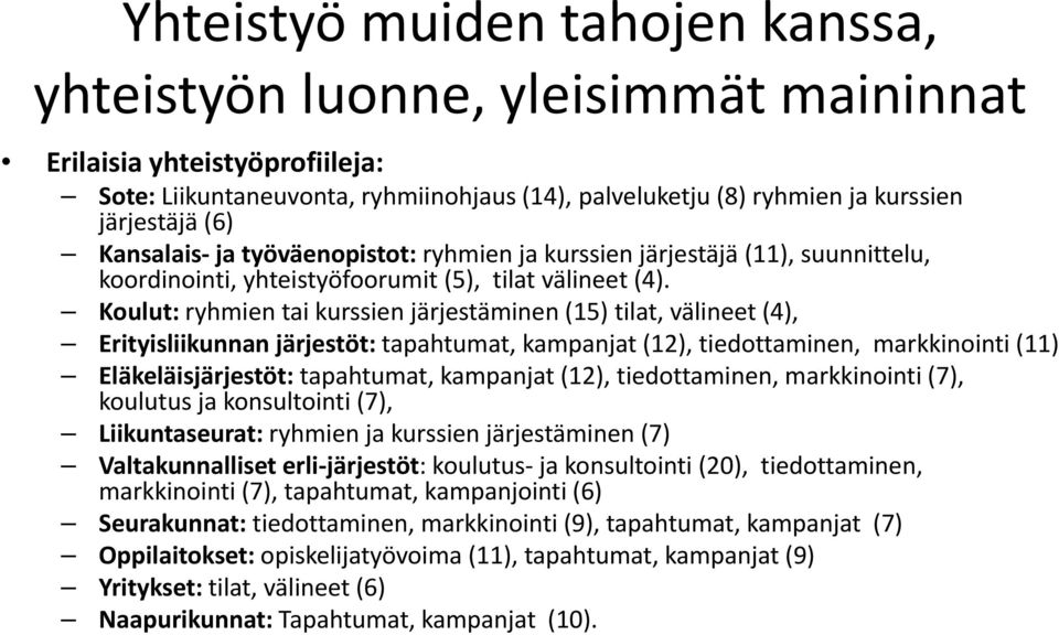 Koulut: ryhmien tai kurssien järjestäminen (15) tilat, välineet (4), Erityisliikunnan järjestöt: tapahtumat, kampanjat (12), tiedottaminen, markkinointi (11) Eläkeläisjärjestöt: tapahtumat, kampanjat