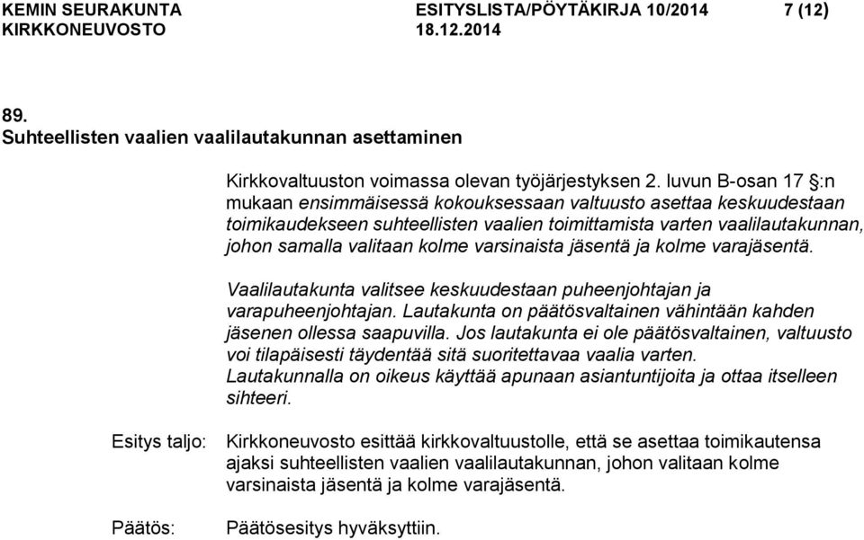 varsinaista jäsentä ja kolme varajäsentä. Vaalilautakunta valitsee keskuudestaan puheenjohtajan ja varapuheenjohtajan. Lautakunta on päätösvaltainen vähintään kahden jäsenen ollessa saapuvilla.