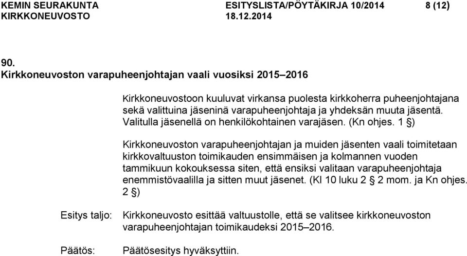 yhdeksän muuta jäsentä. Valitulla jäsenellä on henkilökohtainen varajäsen. (Kn ohjes.