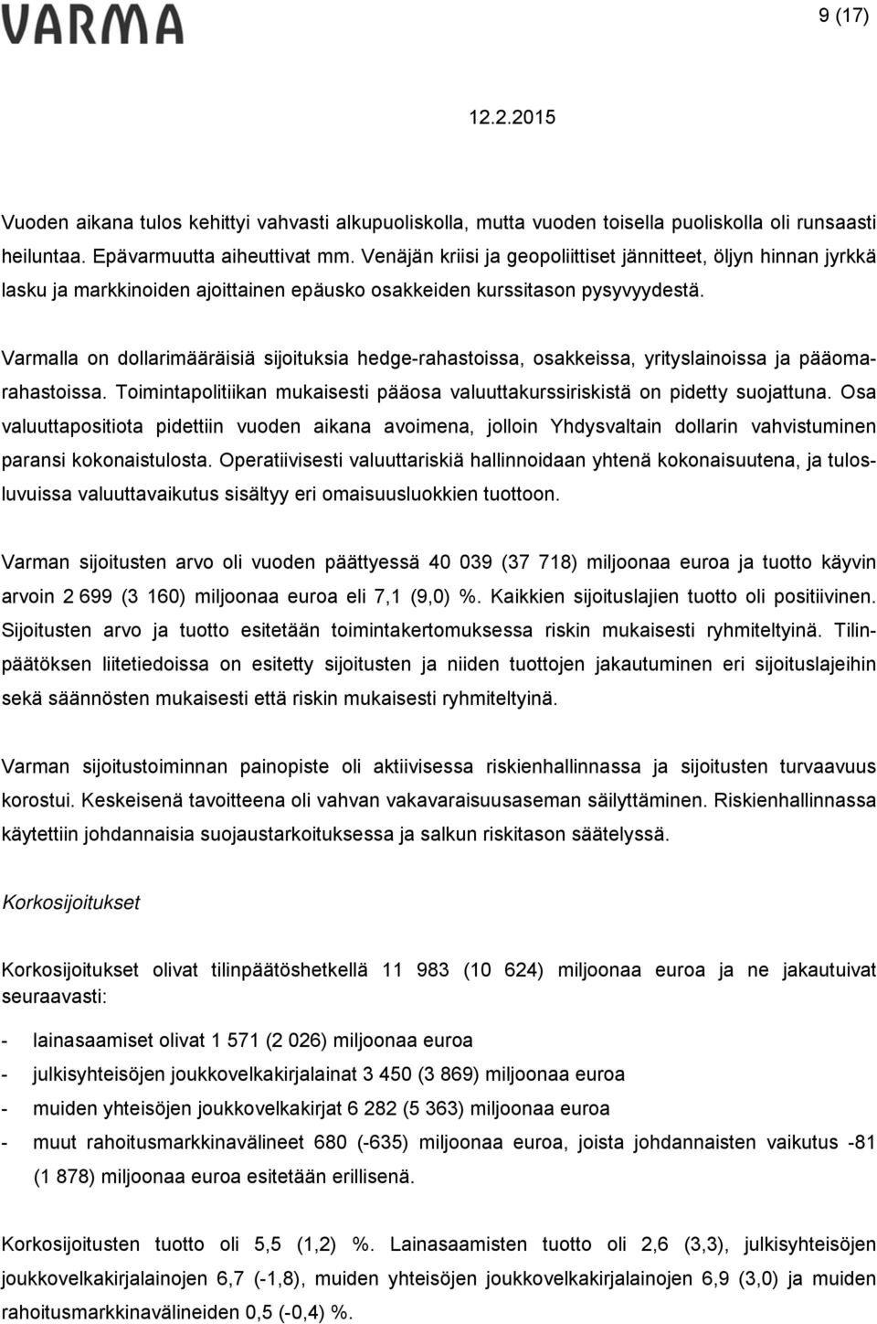 Varmalla on dollarimääräisiä sijoituksia hedge-rahastoissa, osakkeissa, yrityslainoissa ja pääomarahastoissa. Toimintapolitiikan mukaisesti pääosa valuuttakurssiriskistä on pidetty suojattuna.