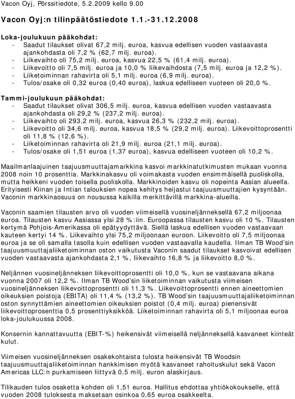 euroa ja 10,0 % liikevaihdosta (7,5 milj. euroa ja 12,2 %). - Liiketoiminnan rahavirta oli 5,1 milj. euroa (6,9 milj. euroa).