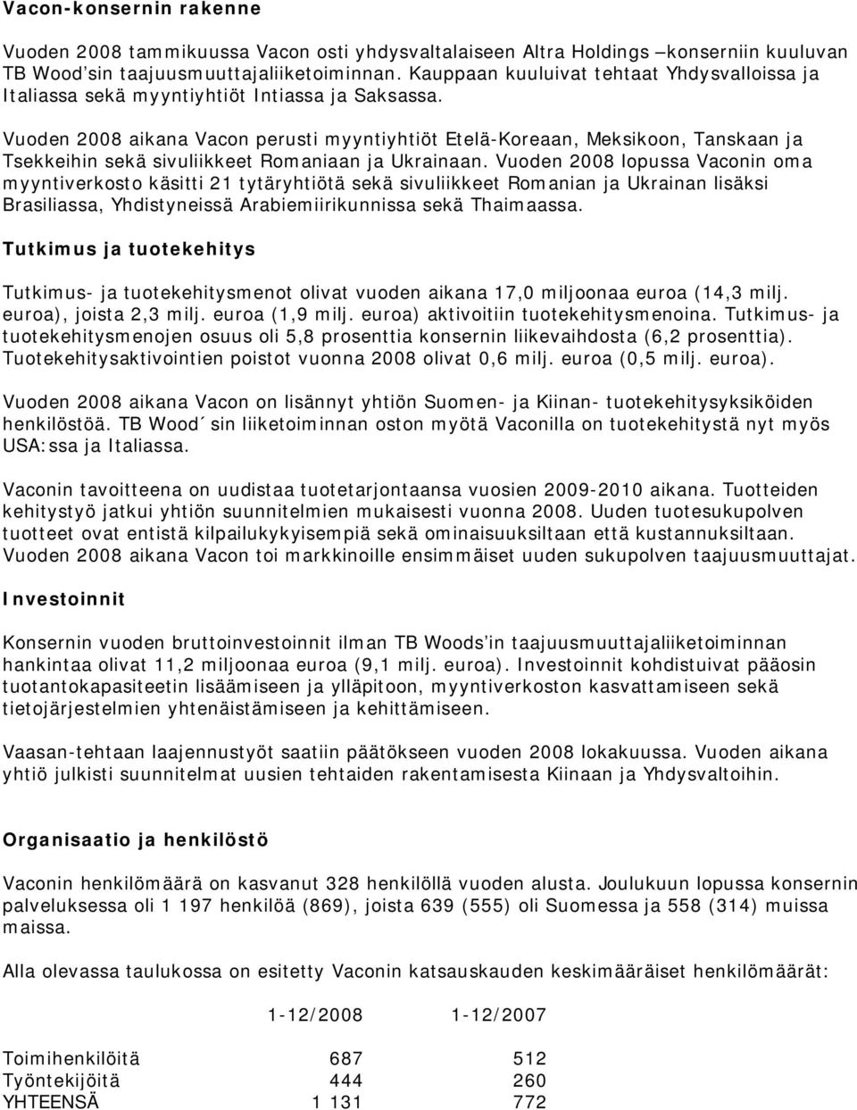 Vuoden 2008 aikana Vacon perusti myyntiyhtiöt Etelä-Koreaan, Meksikoon, Tanskaan ja Tsekkeihin sekä sivuliikkeet Romaniaan ja Ukrainaan.
