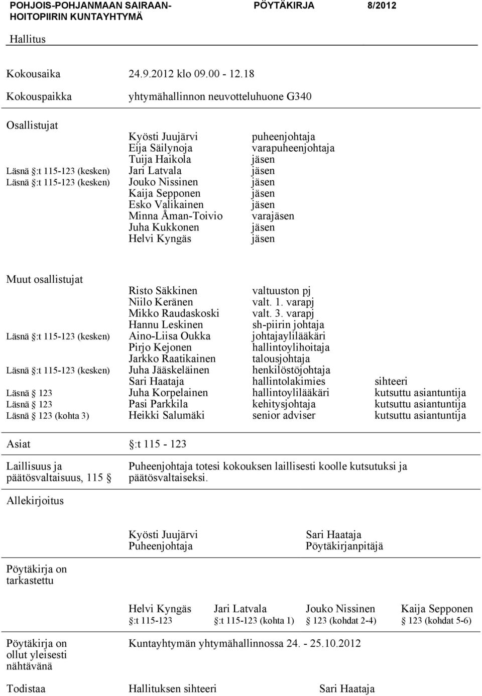 Valikainen Minna Åman-Toivio Juha Kukkonen Helvi Kyngäs puheenjohtaja varapuheenjohtaja jäsen jäsen jäsen jäsen jäsen varajäsen jäsen jäsen Muut osallistujat Läsnä :t 115-123 (kesken) Läsnä :t