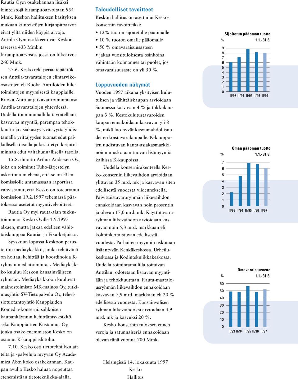 Mmk. 27.6. Kesko teki periaatepäätöksen Anttila-tavaratalojen elintarvikeosastojen eli Ruoka-Anttiloiden liiketoimintojen myymisestä kauppiaille.