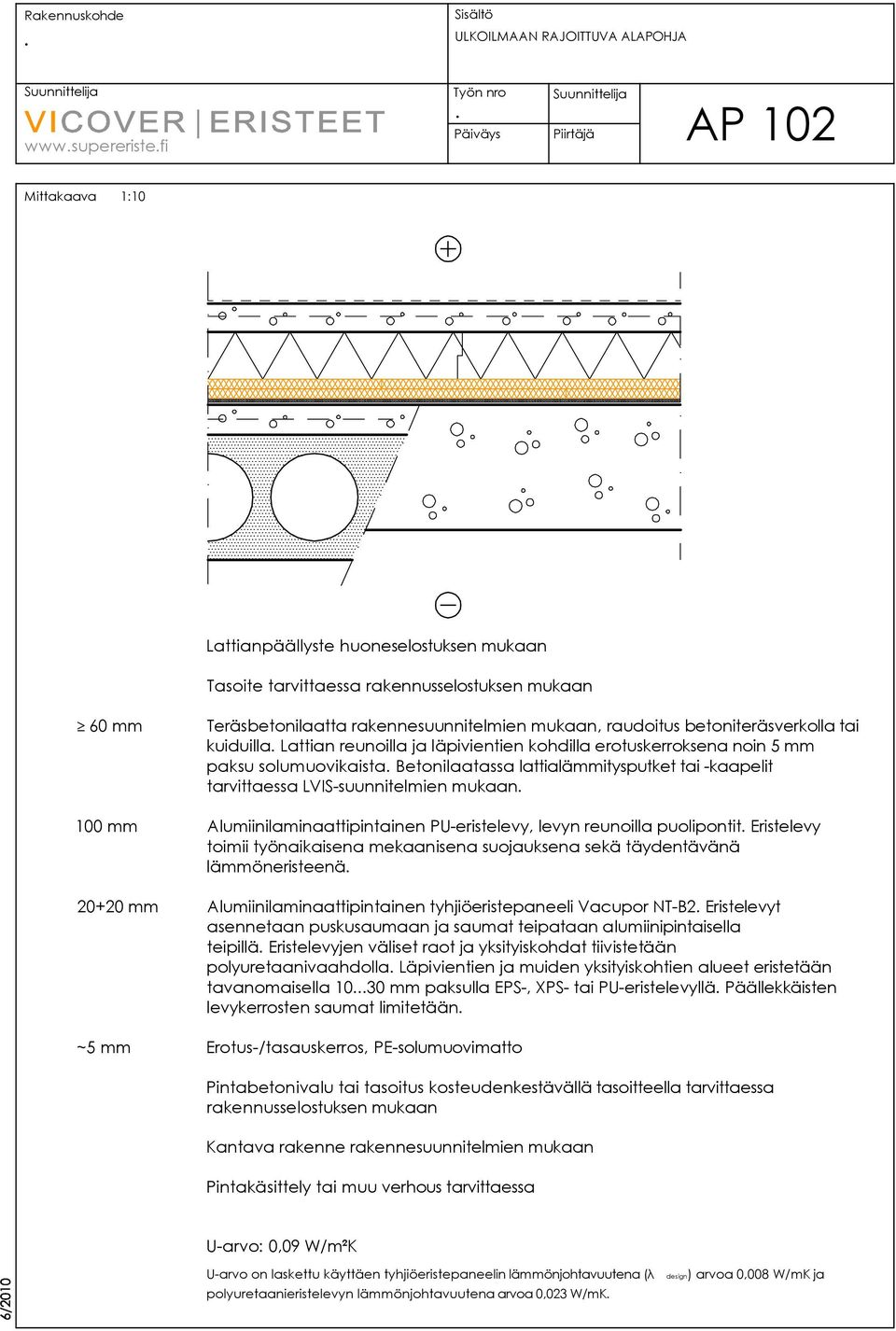 Betonilaatassa lattialämmitysputket tai -kaapelit tarvittaessa LVIS-suunnitelmien mukaan 100 mm Alumiinilaminaattipintainen PU-eristelevy, levyn reunoilla puolipontit Eristelevy toimii työnaikaisena