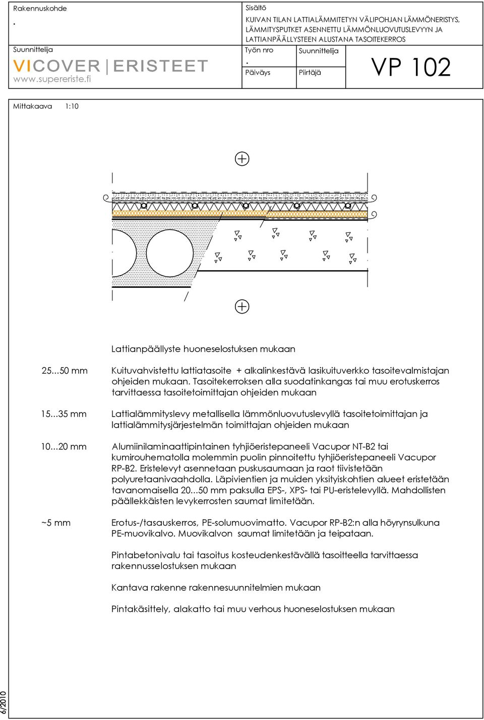 tarvittaessa tasoitetoimittajan ohjeiden mukaan 1535 mm Lattialämmityslevy metallisella lämmönluovutuslevyllä tasoitetoimittajan ja lattialämmitysjärjestelmän toimittajan ohjeiden mukaan 1020 mm