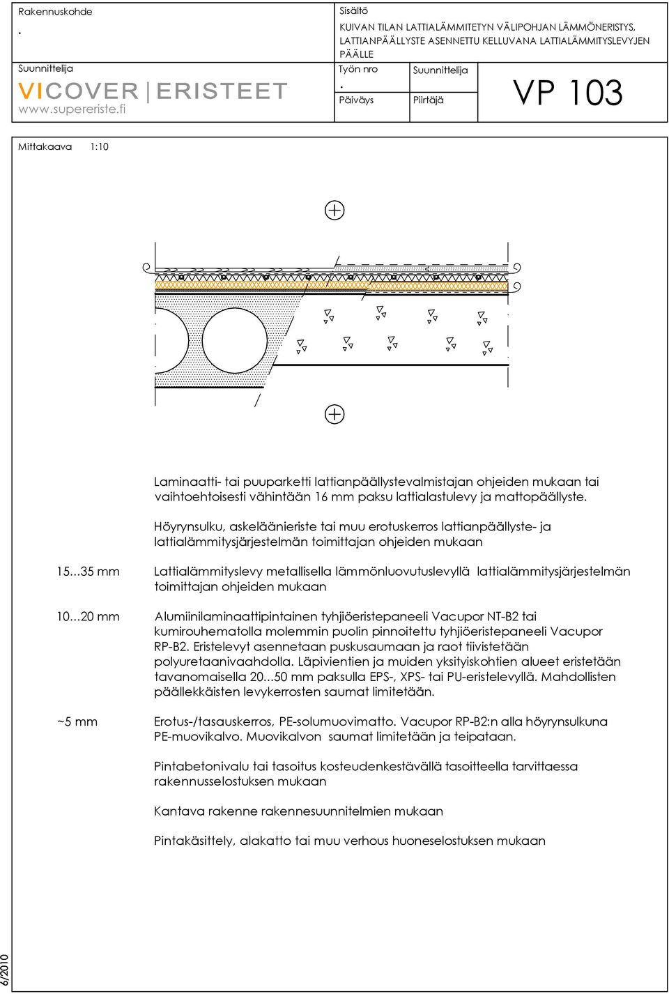 lattialämmitysjärjestelmän toimittajan ohjeiden mukaan 1535 mm Lattialämmityslevy metallisella lämmönluovutuslevyllä lattialämmitysjärjestelmän toimittajan ohjeiden mukaan 1020 mm