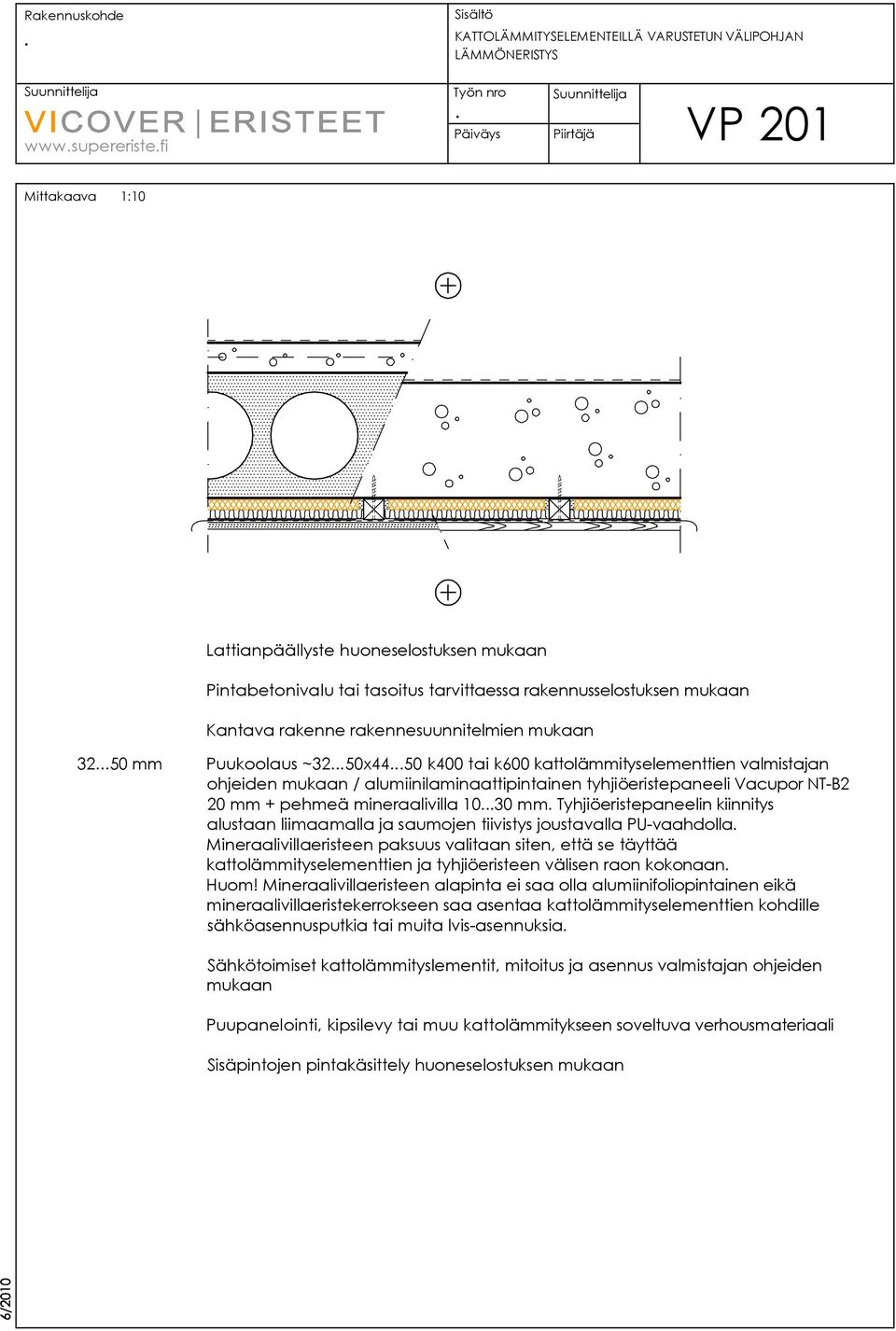 NT-B2 20 mm + pehmeä mineraalivilla 1030 mm Tyhjiöeristepaneelin kiinnitys alustaan liimaamalla ja saumojen tiivistys joustavalla PU-vaahdolla Mineraalivillaeristeen paksuus valitaan siten, että se